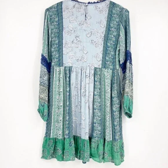 Angie Blue and Green Parsley Print w Balloon Sleeves & Lace detail S - Picture 9 of 10